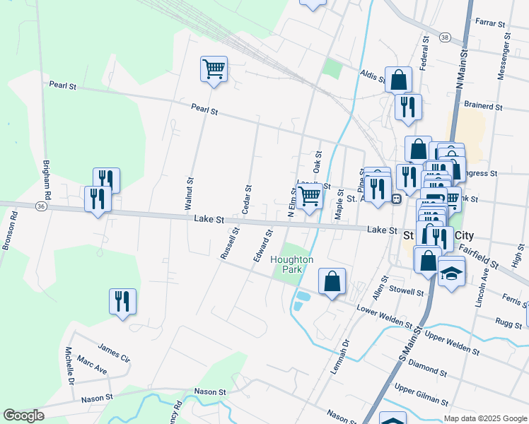 map of restaurants, bars, coffee shops, grocery stores, and more near 246 Lake Street in Saint Albans City
