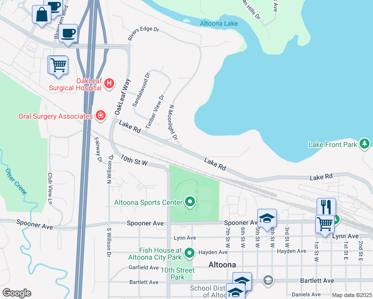 map of restaurants, bars, coffee shops, grocery stores, and more near 2226 Lake Road in Altoona
