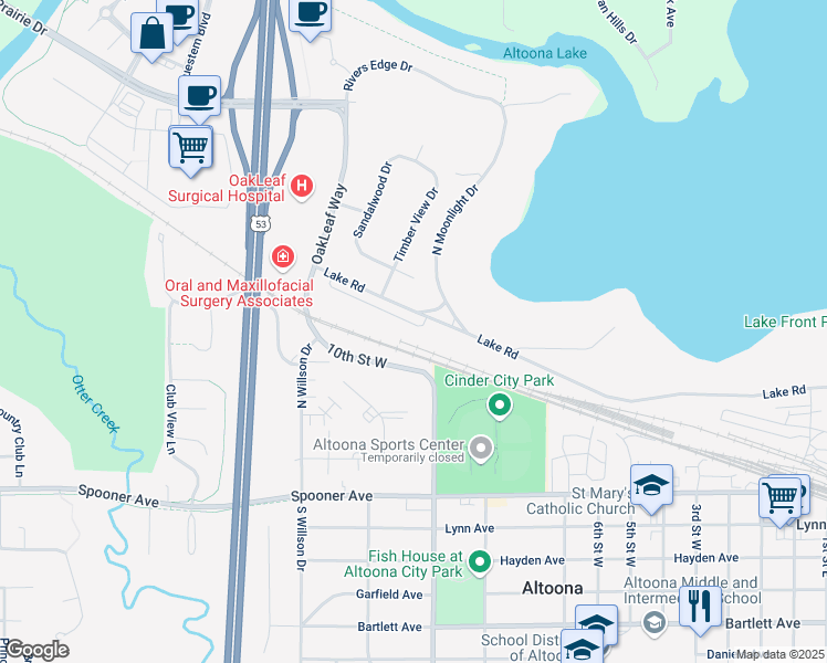 map of restaurants, bars, coffee shops, grocery stores, and more near 2409 Lake Court in Altoona