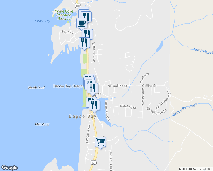 map of restaurants, bars, coffee shops, grocery stores, and more near 40 Northeast Collins Street in Depoe Bay