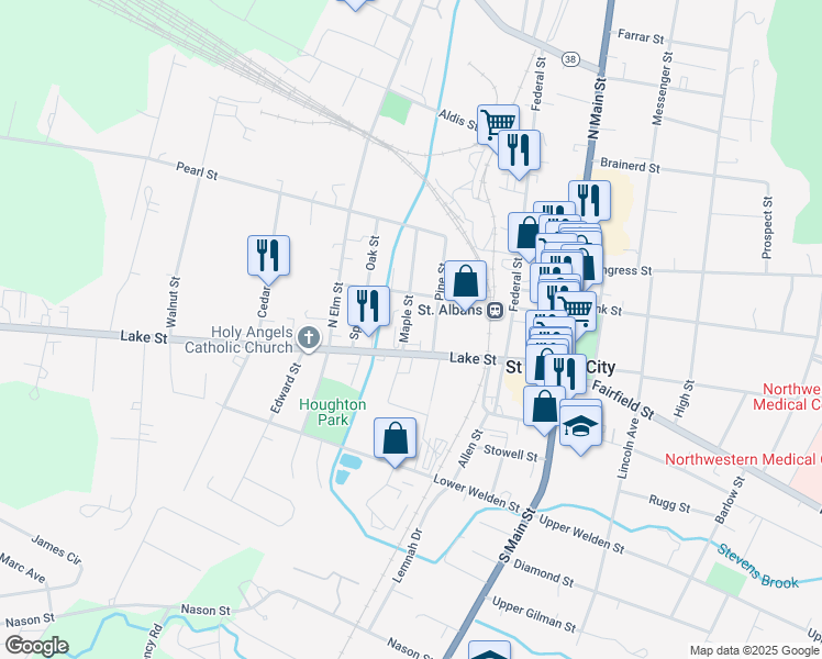 map of restaurants, bars, coffee shops, grocery stores, and more near 138 Lake Street in Saint Albans City