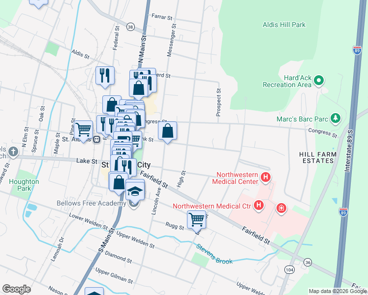 map of restaurants, bars, coffee shops, grocery stores, and more near 50 High Street in Saint Albans City