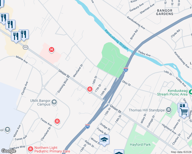 map of restaurants, bars, coffee shops, grocery stores, and more near 18th Street in Bangor