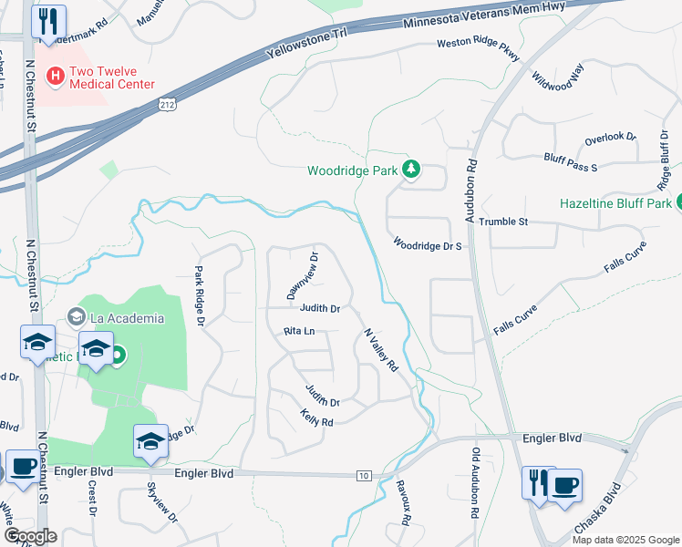 map of restaurants, bars, coffee shops, grocery stores, and more near 138-176 Judith Drive in Chaska