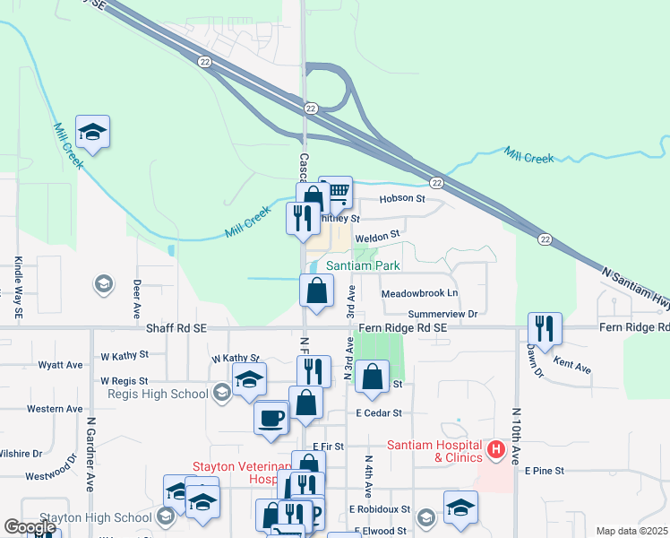 map of restaurants, bars, coffee shops, grocery stores, and more near 2340 Martin Drive in Stayton