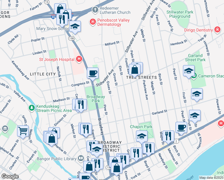 map of restaurants, bars, coffee shops, grocery stores, and more near 327 Essex Street in Bangor
