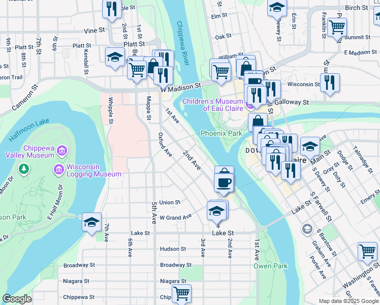 map of restaurants, bars, coffee shops, grocery stores, and more near 1119 2nd Avenue in Eau Claire