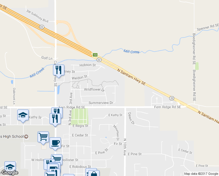 map of restaurants, bars, coffee shops, grocery stores, and more near 838 Sunrise Drive in Stayton