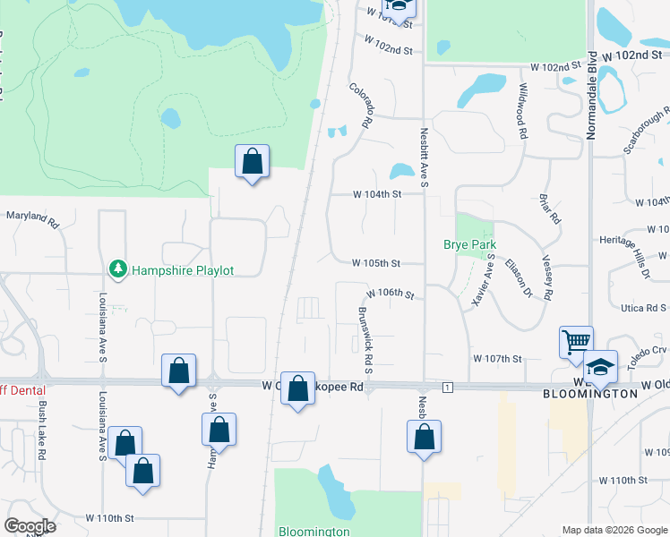 map of restaurants, bars, coffee shops, grocery stores, and more near 10446 Colorado Circle in Bloomington