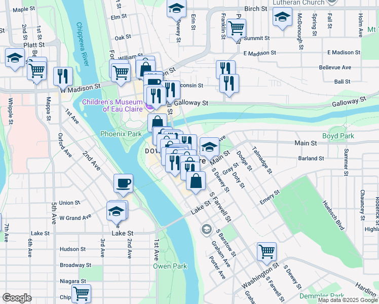 map of restaurants, bars, coffee shops, grocery stores, and more near 217 South Farwell Street in Eau Claire