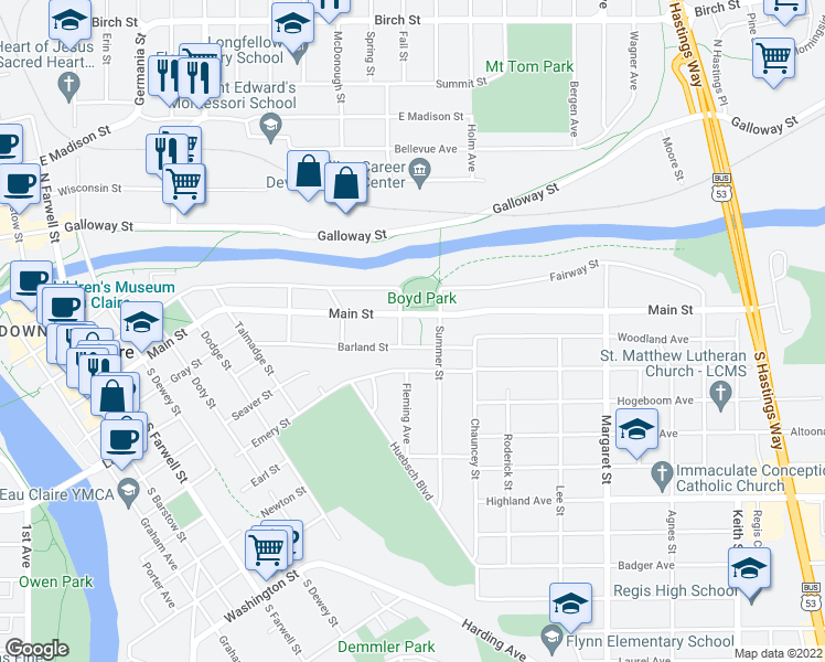 map of restaurants, bars, coffee shops, grocery stores, and more near 1044 Main Street in Eau Claire