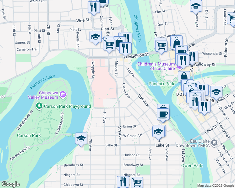 map of restaurants, bars, coffee shops, grocery stores, and more near 216 Spruce Street in Eau Claire