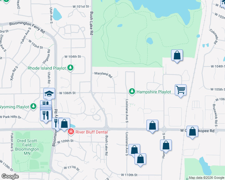 map of restaurants, bars, coffee shops, grocery stores, and more near 10550 Maryland Circle in Bloomington