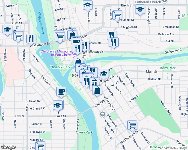 map of restaurants, bars, coffee shops, grocery stores, and more near 203 South Farwell Street in Eau Claire