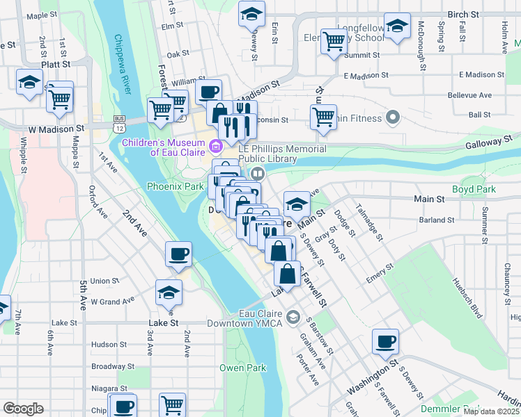 map of restaurants, bars, coffee shops, grocery stores, and more near 217 South Farwell Street in Eau Claire