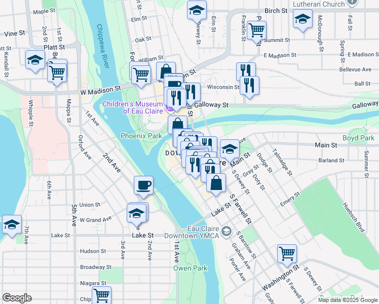 map of restaurants, bars, coffee shops, grocery stores, and more near 131 South Barstow Street in Eau Claire