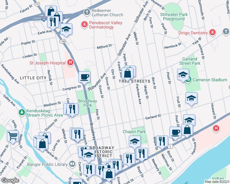 map of restaurants, bars, coffee shops, grocery stores, and more near 174 Elm Street in Bangor