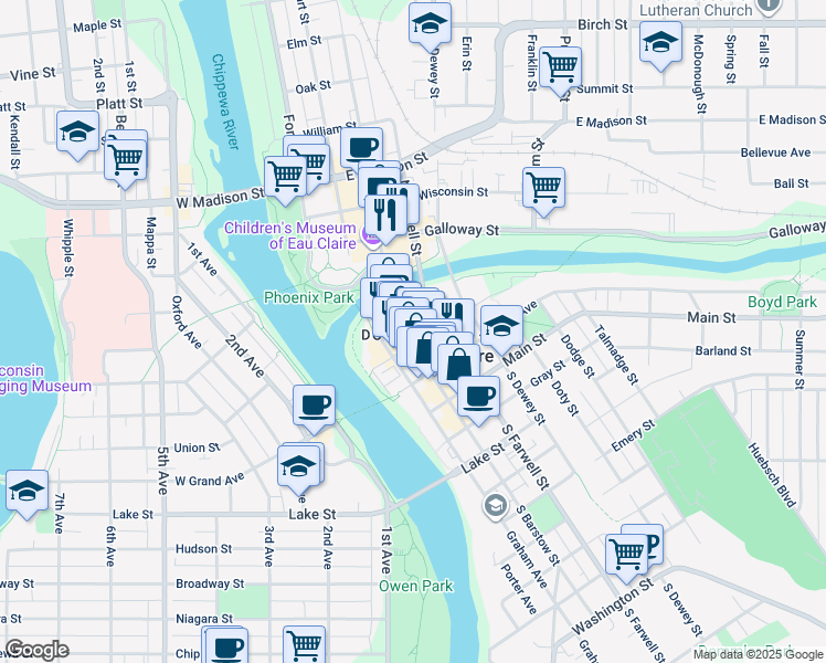 map of restaurants, bars, coffee shops, grocery stores, and more near 316 Eau Claire Street in Eau Claire
