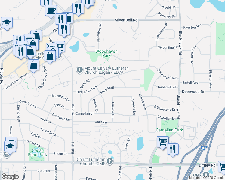 map of restaurants, bars, coffee shops, grocery stores, and more near 3967 Mica Trail in Eagan