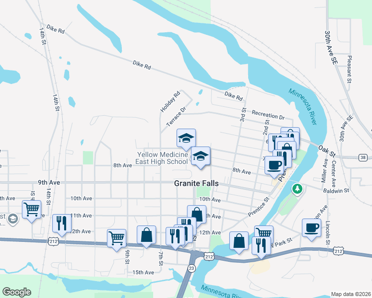 map of restaurants, bars, coffee shops, grocery stores, and more near 555 7th Avenue in Granite Falls