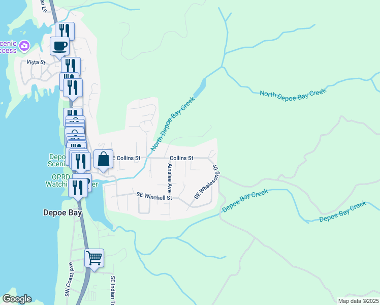 map of restaurants, bars, coffee shops, grocery stores, and more near Stanley Street in Depoe Bay