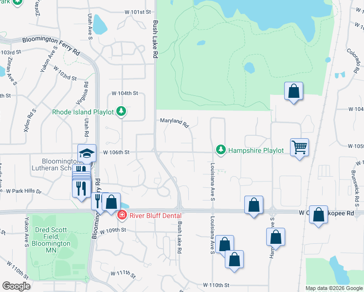 map of restaurants, bars, coffee shops, grocery stores, and more near 10560 Maryland Circle in Bloomington