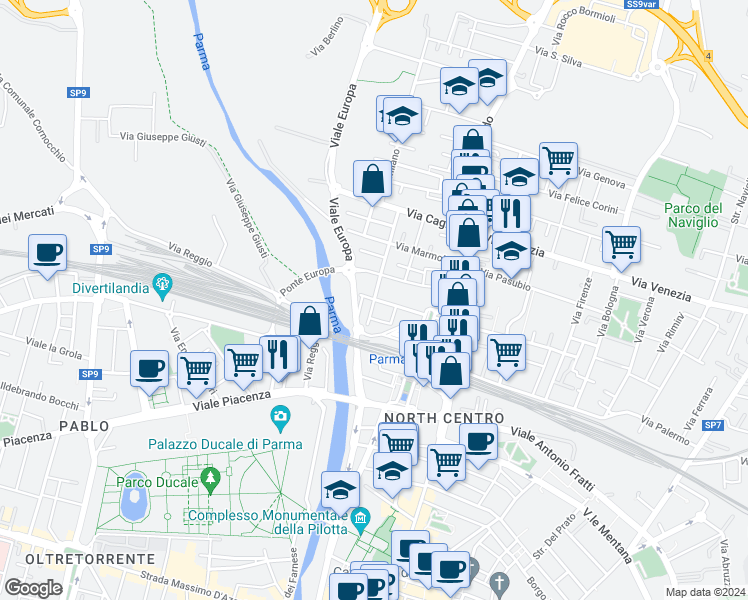 map of restaurants, bars, coffee shops, grocery stores, and more near 12 Via Brennero in Parma