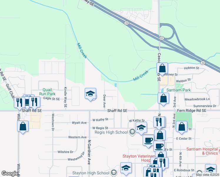 map of restaurants, bars, coffee shops, grocery stores, and more near 2384 Deer Ave. in Stayton