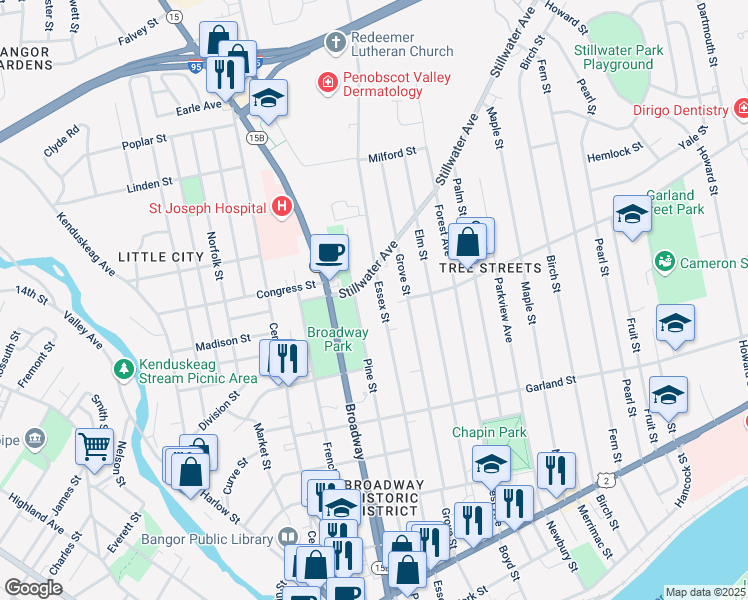 map of restaurants, bars, coffee shops, grocery stores, and more near 327 Essex Street in Bangor