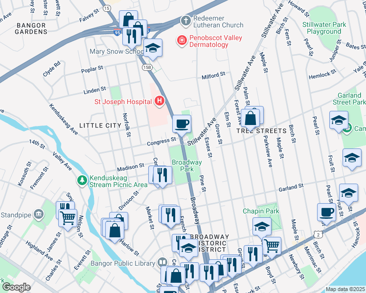 map of restaurants, bars, coffee shops, grocery stores, and more near 127 Congress Street in Bangor