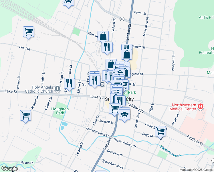 map of restaurants, bars, coffee shops, grocery stores, and more near 44 Federal Street in Saint Albans City