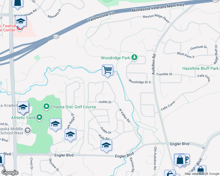 map of restaurants, bars, coffee shops, grocery stores, and more near 138-176 Judith Drive in Chaska