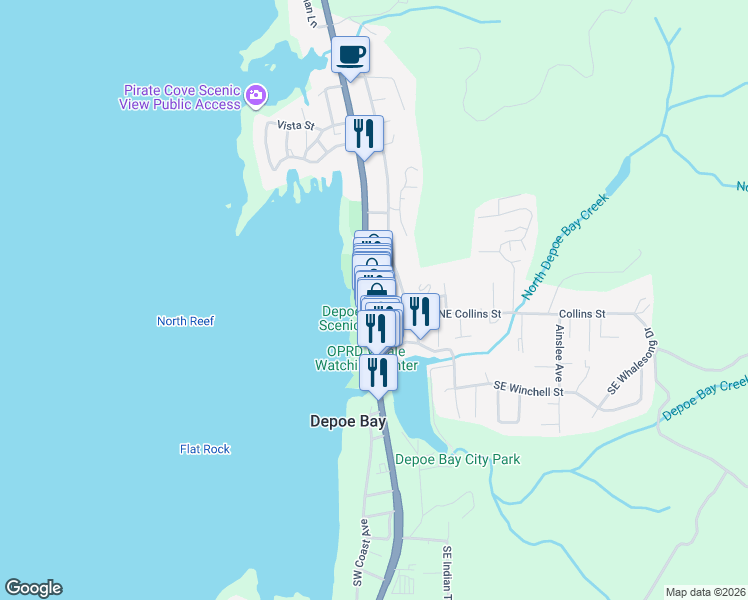 map of restaurants, bars, coffee shops, grocery stores, and more near 49 Combs Avenue in Depoe Bay