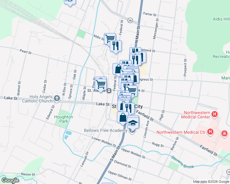 map of restaurants, bars, coffee shops, grocery stores, and more near 44 Federal Street in Saint Albans City