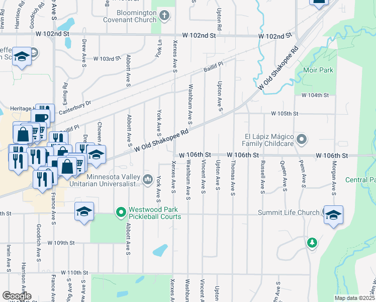 map of restaurants, bars, coffee shops, grocery stores, and more near 2916 West 106th Street in Bloomington