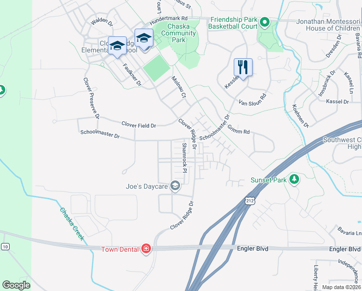 map of restaurants, bars, coffee shops, grocery stores, and more near 2186 Shamrock Place in Chaska