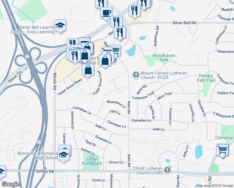 map of restaurants, bars, coffee shops, grocery stores, and more near 3916 Valley View Drive South in Eagan