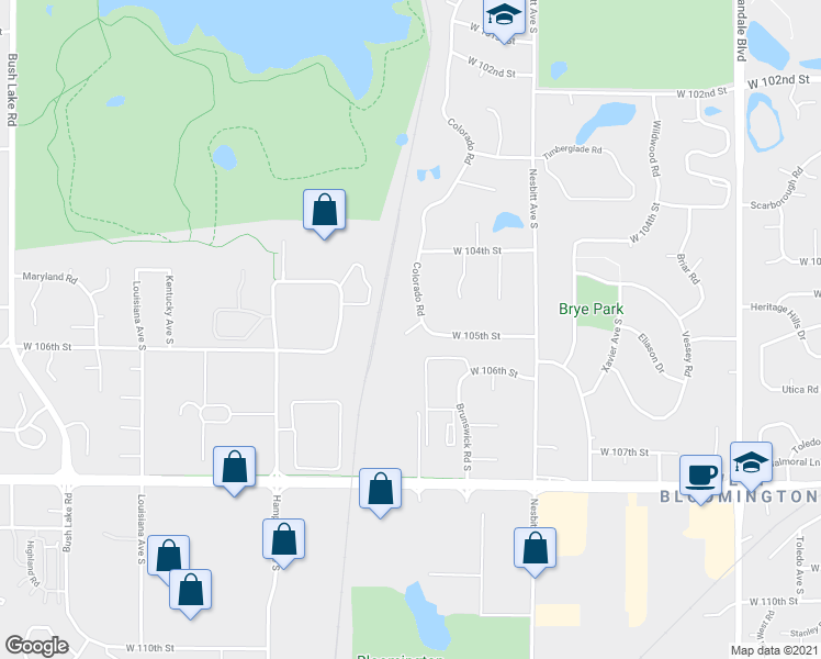map of restaurants, bars, coffee shops, grocery stores, and more near 10454 Colorado Circle in Bloomington