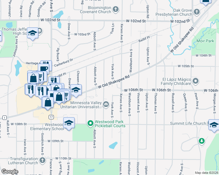 map of restaurants, bars, coffee shops, grocery stores, and more near 3213 West Old Shakopee Road in Minneapolis