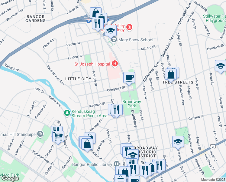 map of restaurants, bars, coffee shops, grocery stores, and more near 100 Congress Street in Bangor