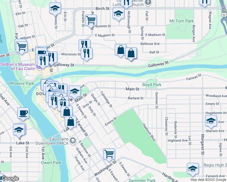 map of restaurants, bars, coffee shops, grocery stores, and more near in Eau Claire