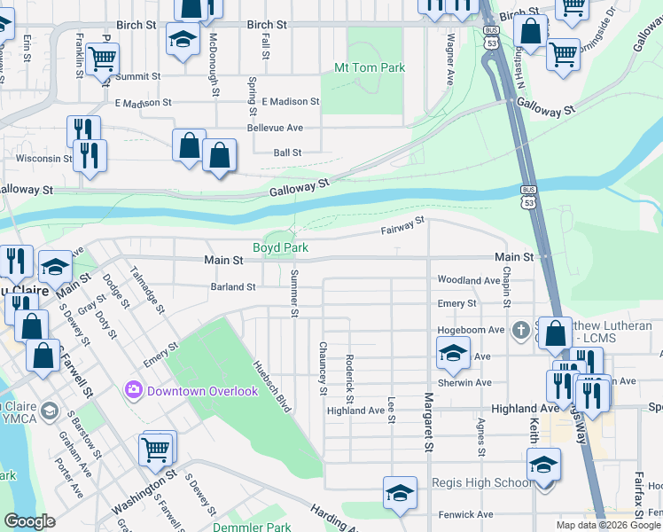 map of restaurants, bars, coffee shops, grocery stores, and more near 1228 Main Street in Eau Claire