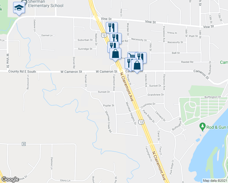 map of restaurants, bars, coffee shops, grocery stores, and more near 2301 Sunset Drive in Eau Claire