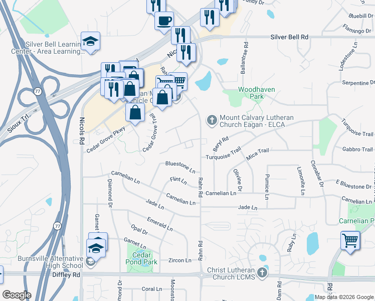 map of restaurants, bars, coffee shops, grocery stores, and more near 3908 Valley View Drive South in Eagan