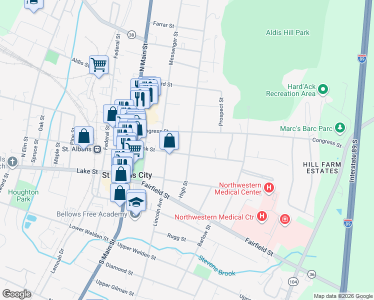 map of restaurants, bars, coffee shops, grocery stores, and more near 50 High Street in Saint Albans City