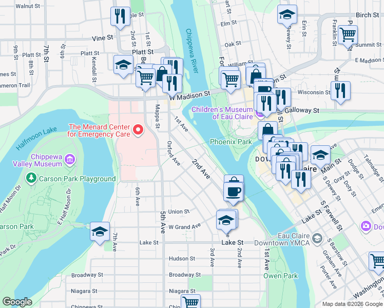 map of restaurants, bars, coffee shops, grocery stores, and more near 1119 2nd Avenue in Eau Claire