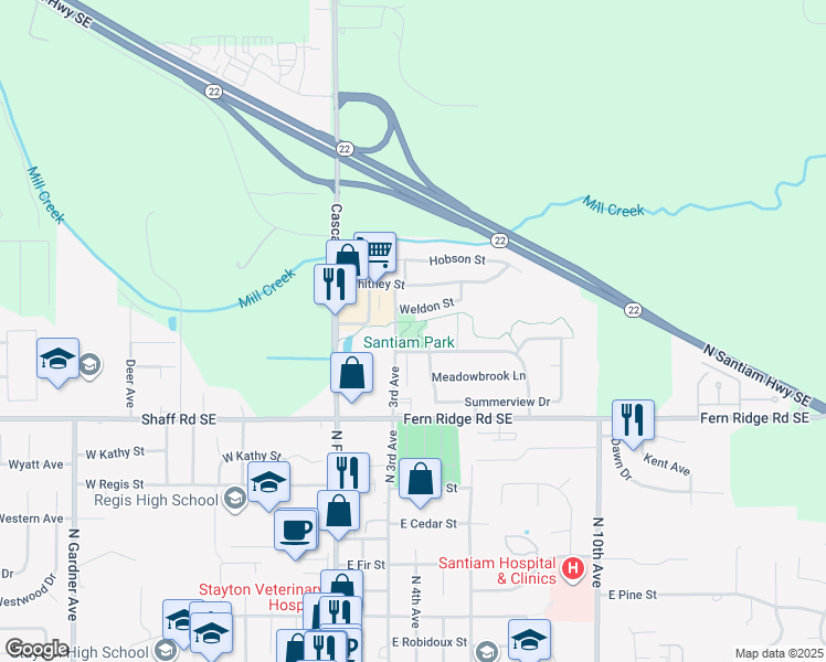 map of restaurants, bars, coffee shops, grocery stores, and more near 2250 N 3rd Ave in Stayton
