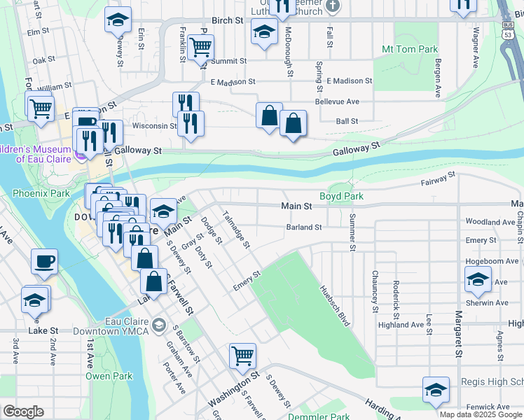 map of restaurants, bars, coffee shops, grocery stores, and more near in Eau Claire