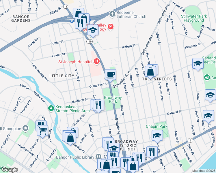 map of restaurants, bars, coffee shops, grocery stores, and more near 20 North Park Street in Bangor