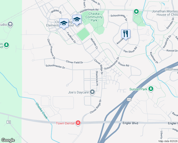 map of restaurants, bars, coffee shops, grocery stores, and more near 1896 Legacy Lane in Chaska